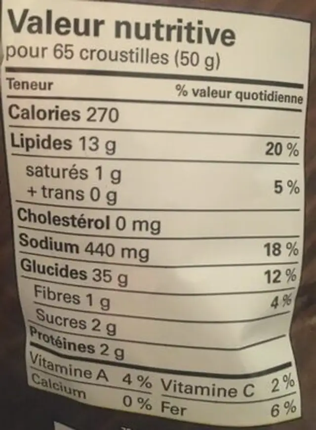 Croustilles aux legumes tomates sechees et basilic nutrition facts table