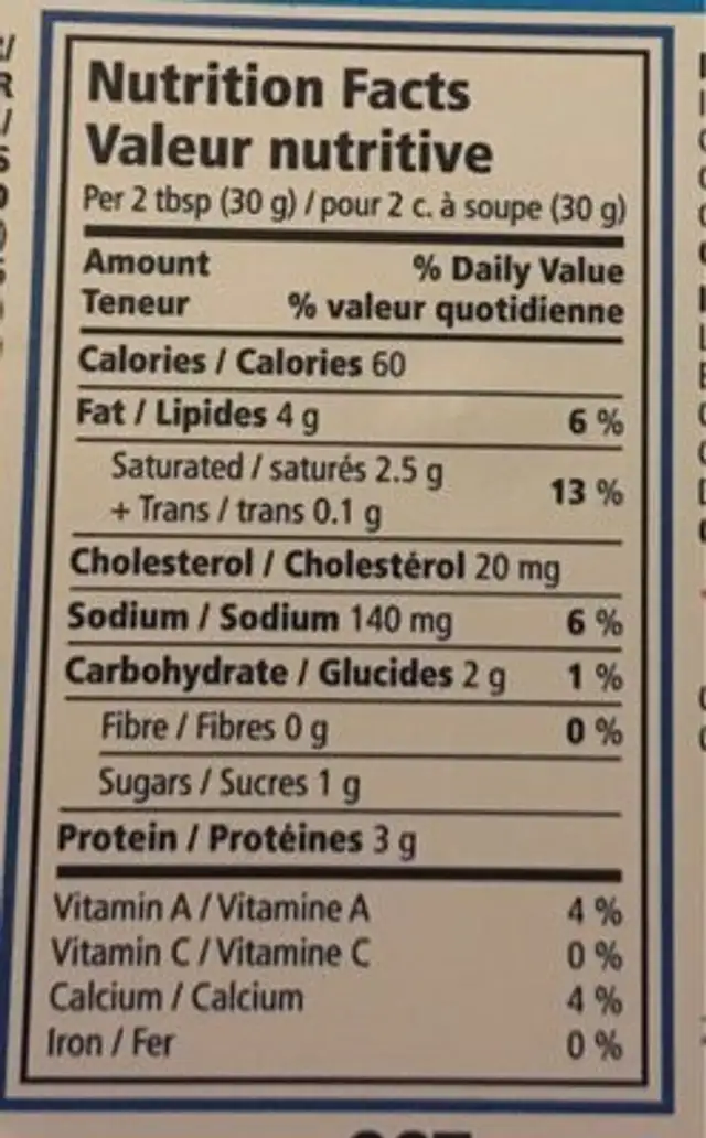 Leger produit de fromage a la creme nutrition facts table