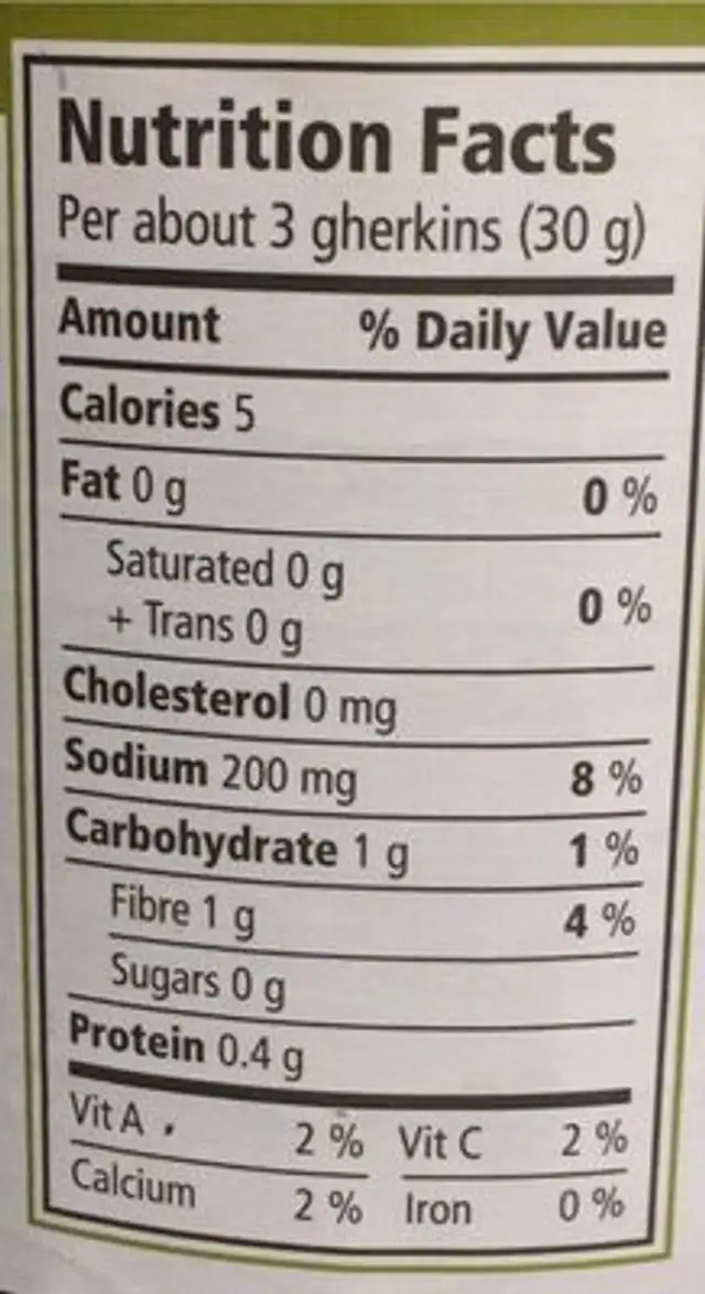 Cornichons marinés surs nutrition facts table