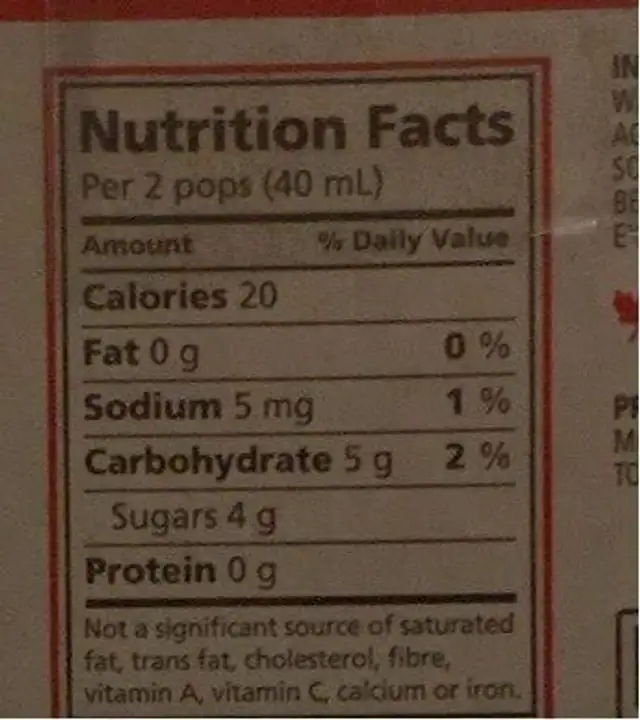 Sucette glacées nutrition facts table