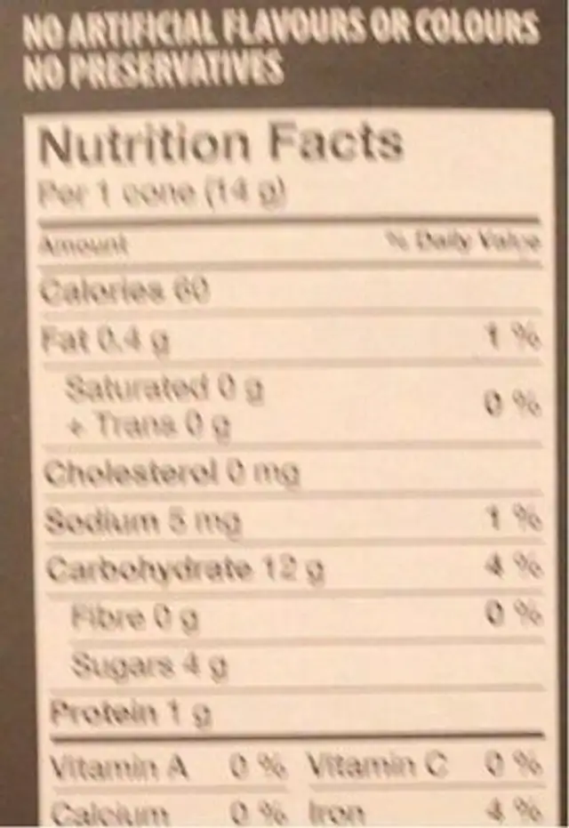 Cornets sucrés nutrition facts table