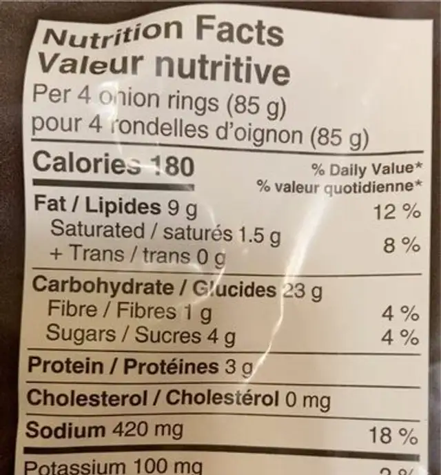 Onion rings, rondelles d’oignon nutrition facts table