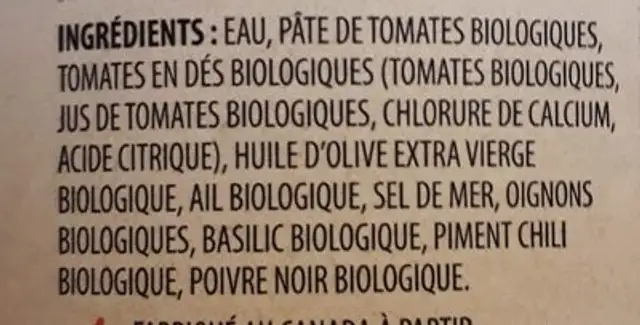 Arrabiata ingredients label