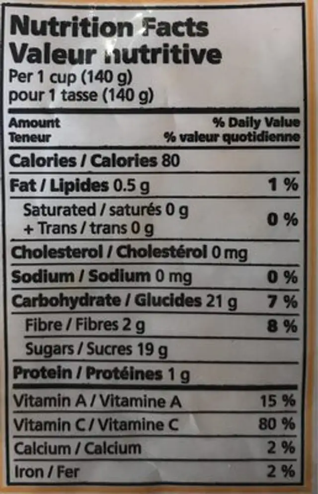 Morceaux de mangue congelés nutrition facts table