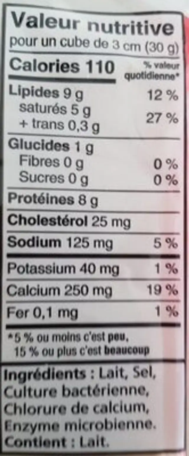 Fromage suisse nutrition facts table