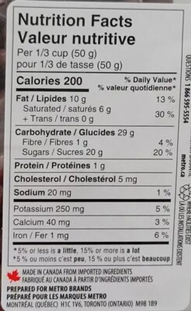 Raisins secs chocolat nutrition facts table