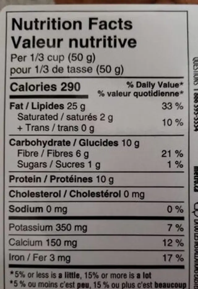Natural Almonds Whole nutrition facts table