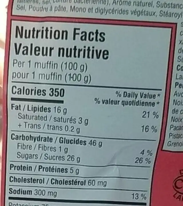 Muffin Fraise-Limonade nutrition facts table