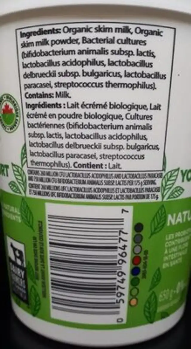 Probiotic Yogurt nutrition facts table
