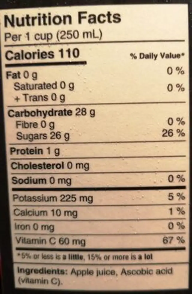 Jus de pomme fraîchement pressé nutrition facts table