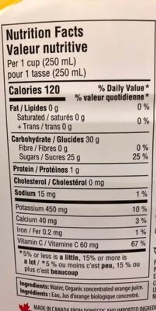 Organics biologique nutrition facts table