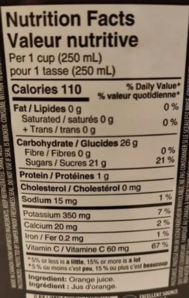 Jus d'orange sans pulpe 1.65L nutrition facts table