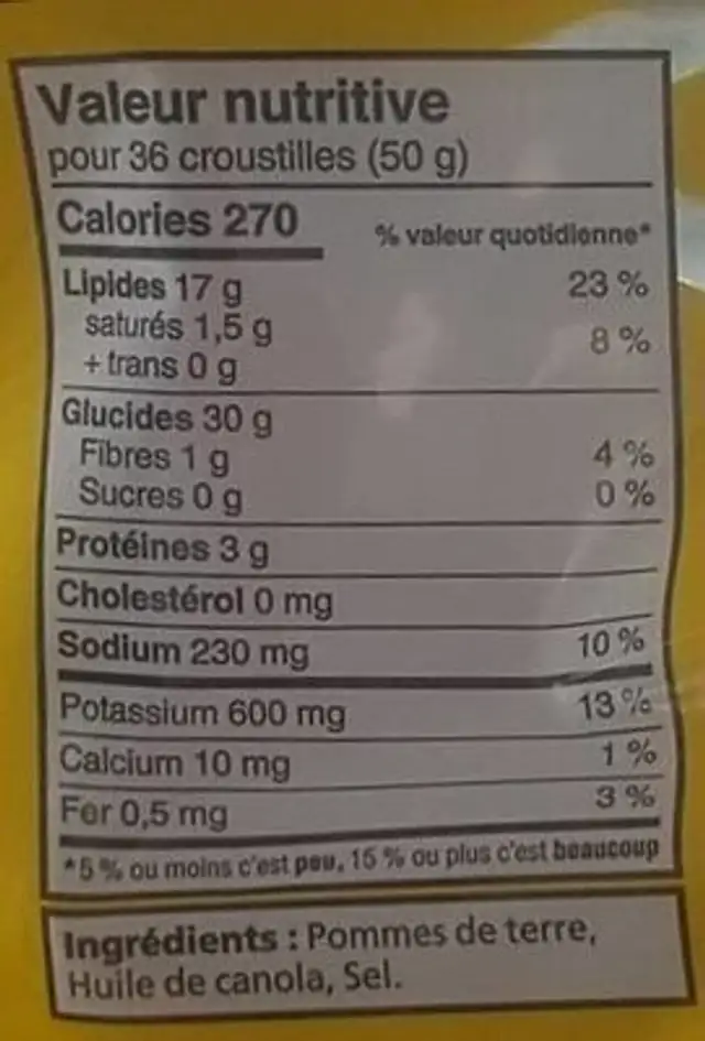 Chips classiques nutrition facts table