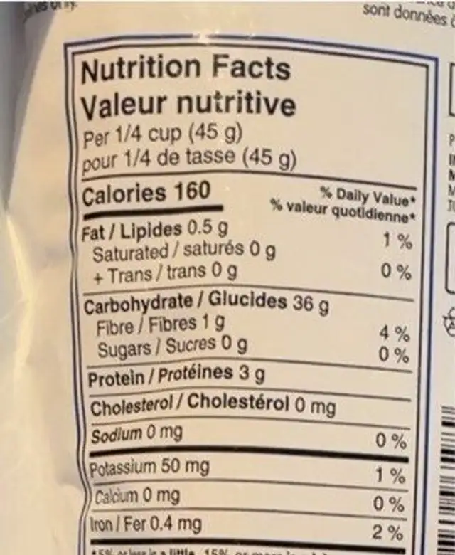 Riz Basmati nutrition facts table