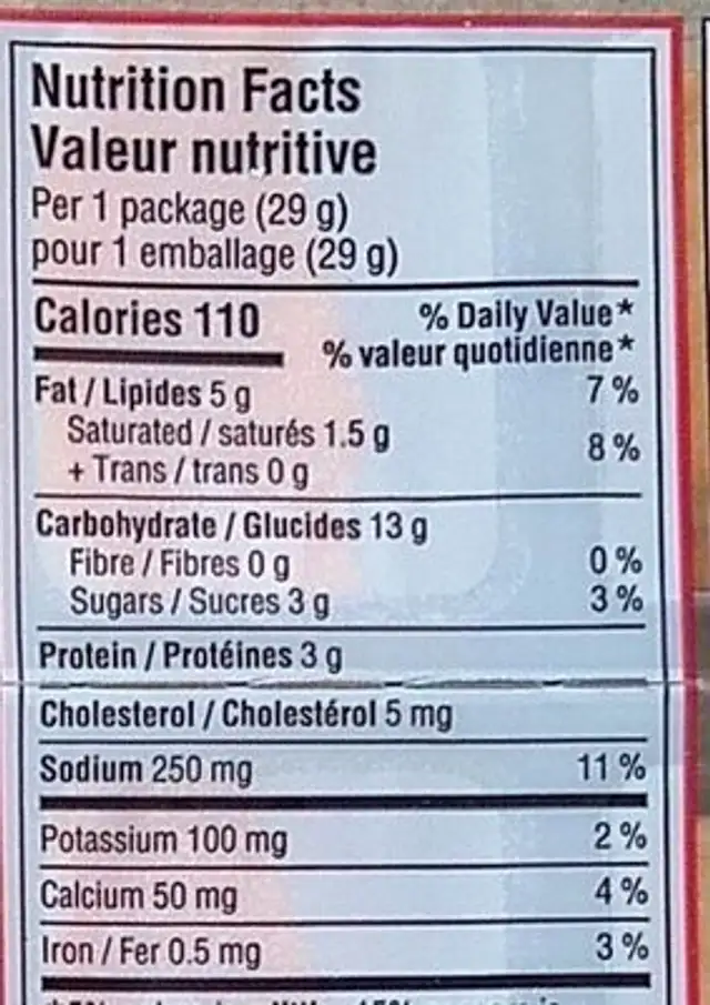 Snack collation nutrition facts table