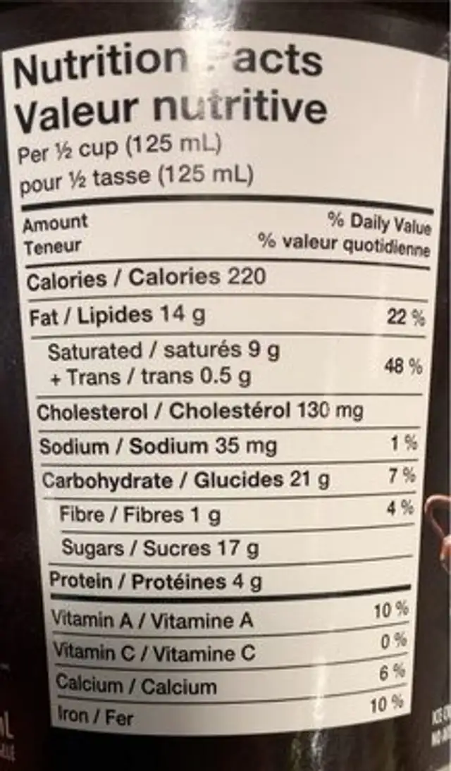 Chocolat à la crème nutrition facts table