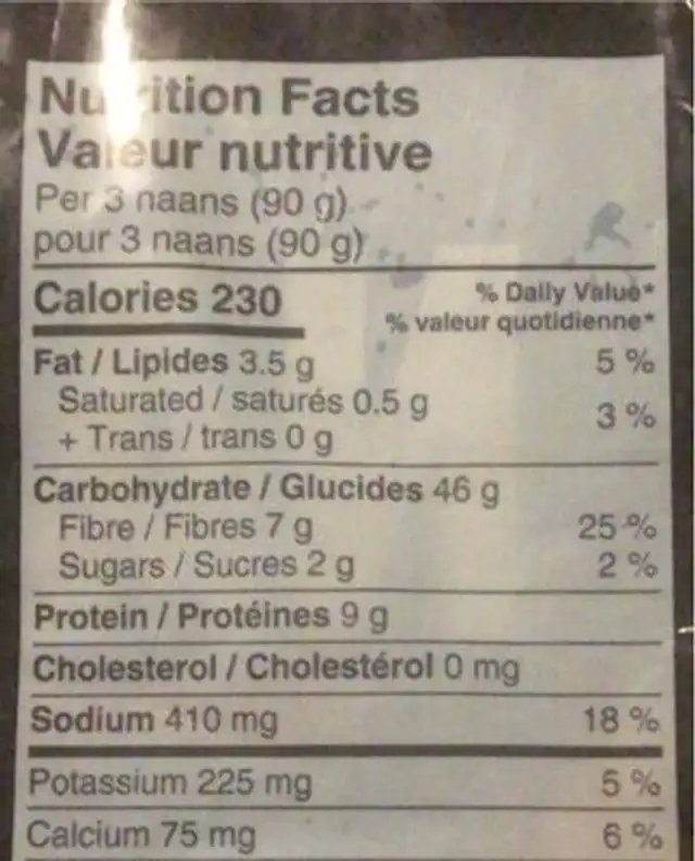 Pain naan carré nutrition facts table