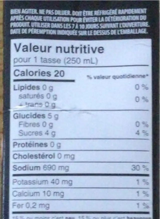 Bouillon PHO nutrition facts table
