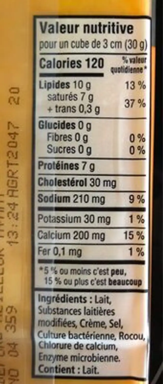 Cheddar doux nutrition facts table