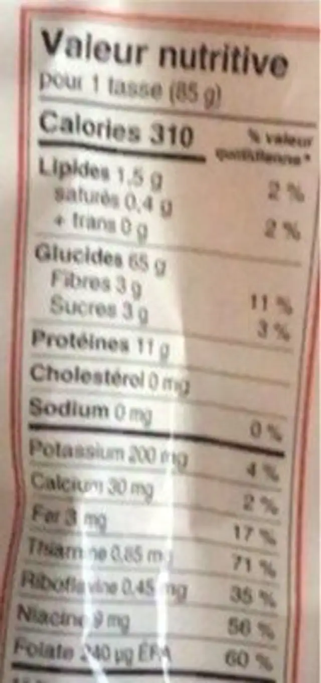 Conchigliette nutrition facts table