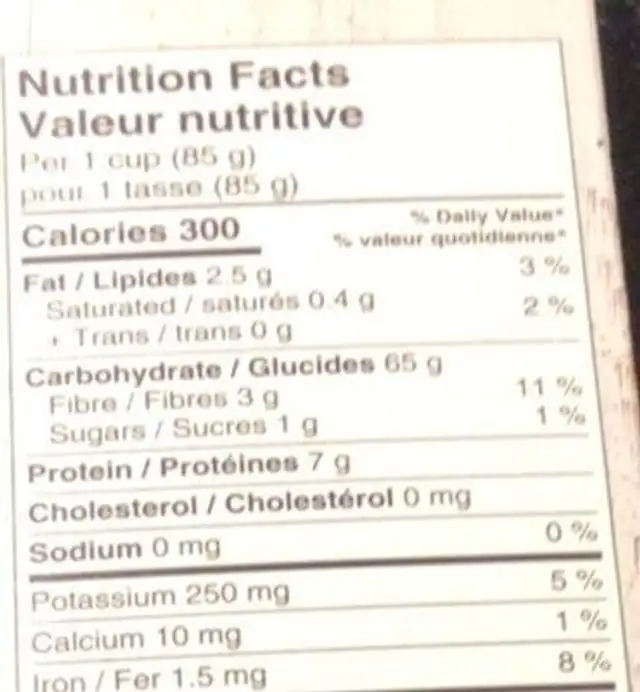 Macaroni : riz et quinoa nutrition facts table
