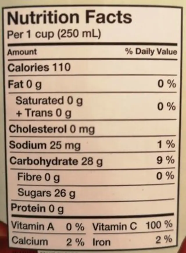 Jus de pomme fait de concentré nutrition facts table