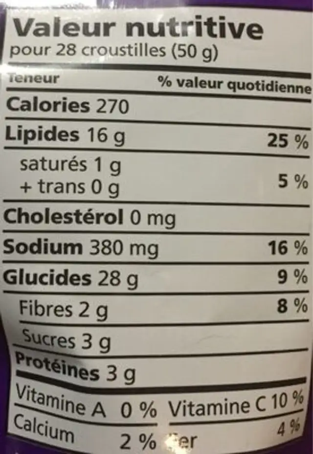Chips ondule assesonees nutrition facts table