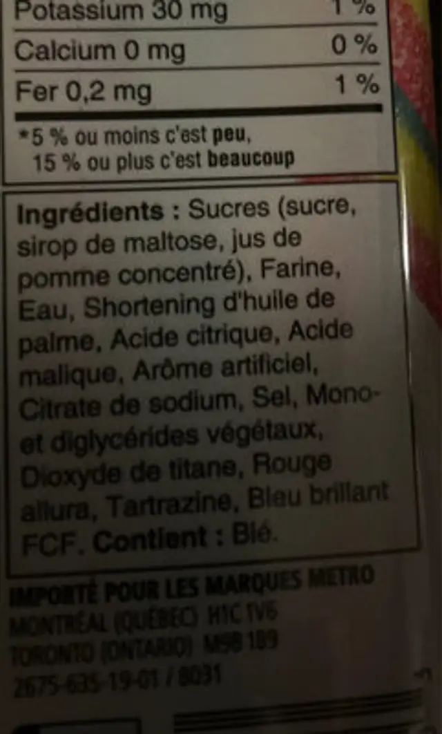 Sour Ribbons ingredients label