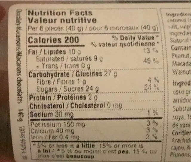 Macaron chocolates nutrition facts table