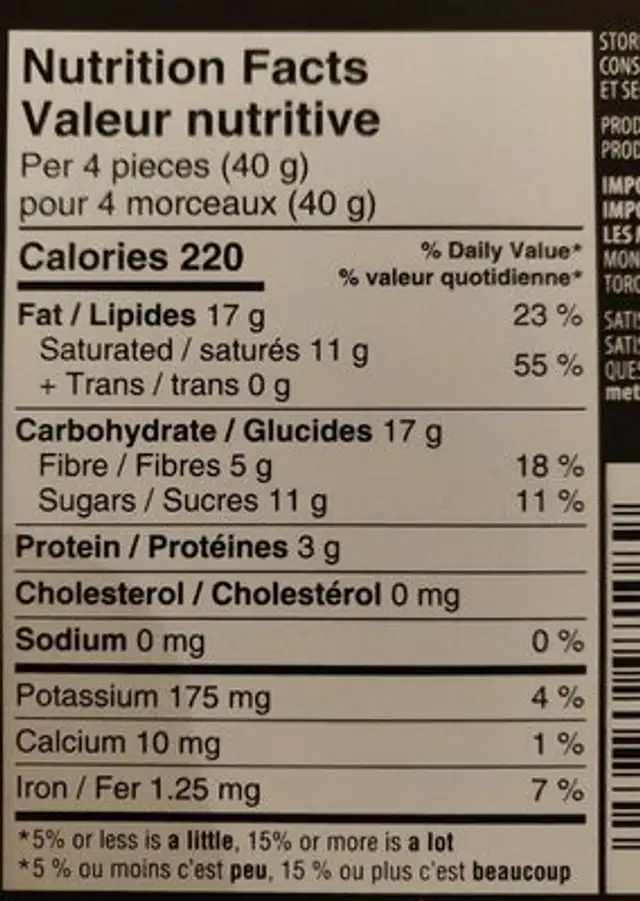 Chocolat noir 70% nutrition facts table