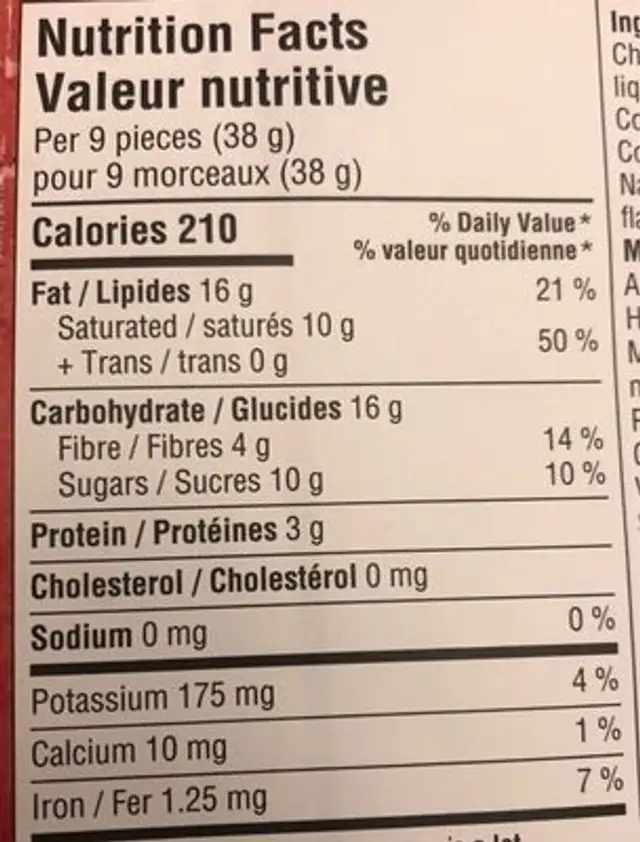 72% cacao chocolat noir nutrition facts table