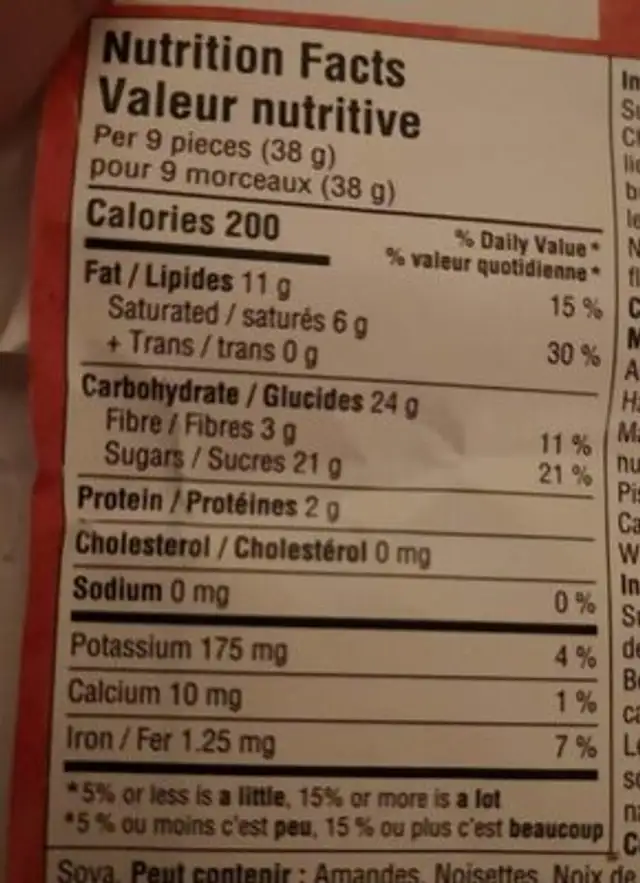 Chocolat noir 45% nutrition facts table