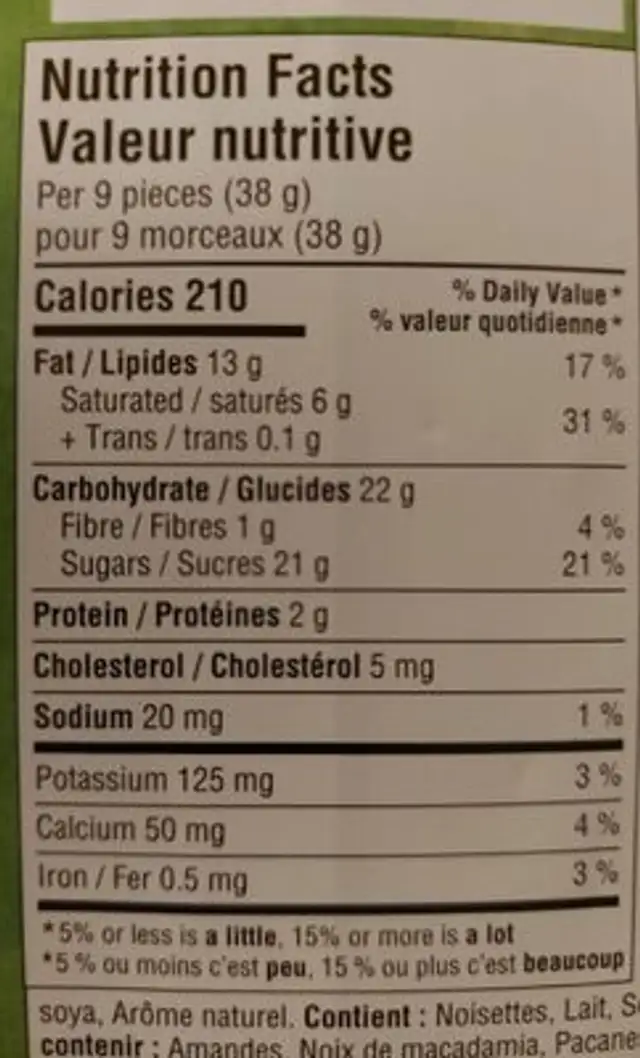 Noisettes Chocolat au lait nutrition facts table