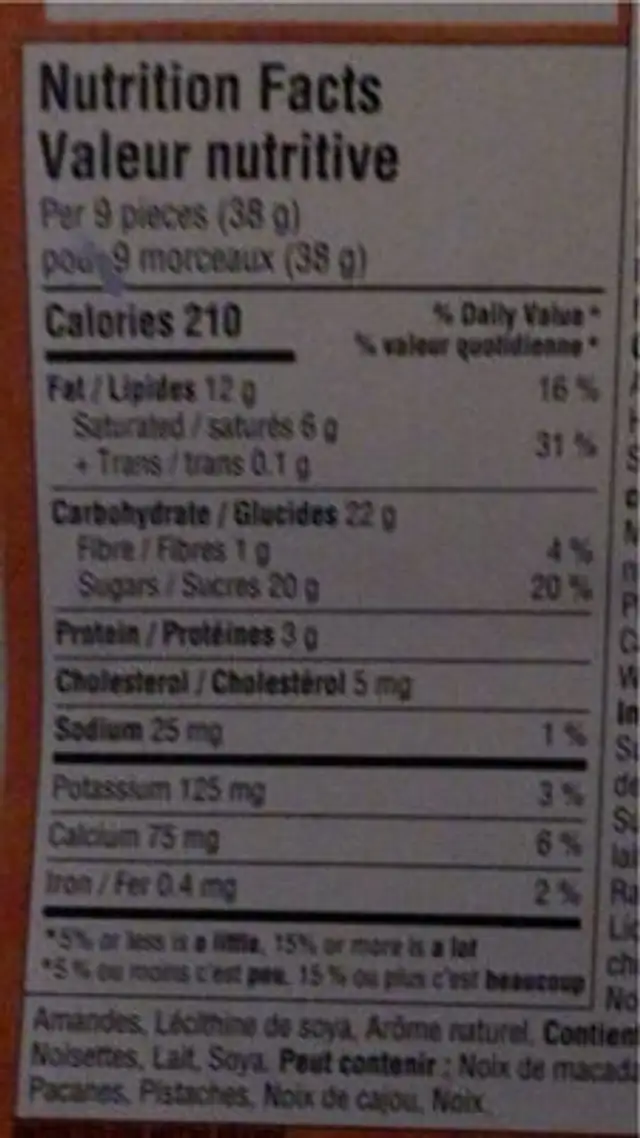 Chocolat au lait nutrition facts table