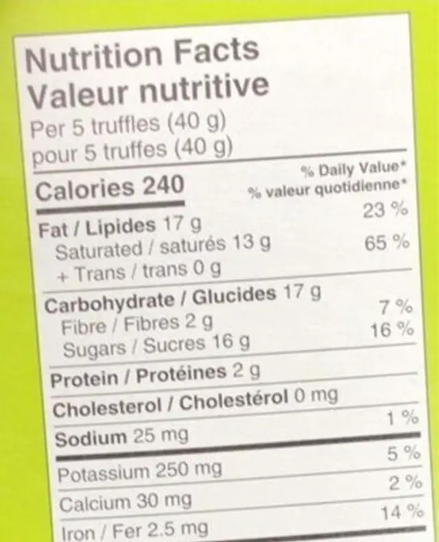 Truffles Hazelnut nutrition facts table