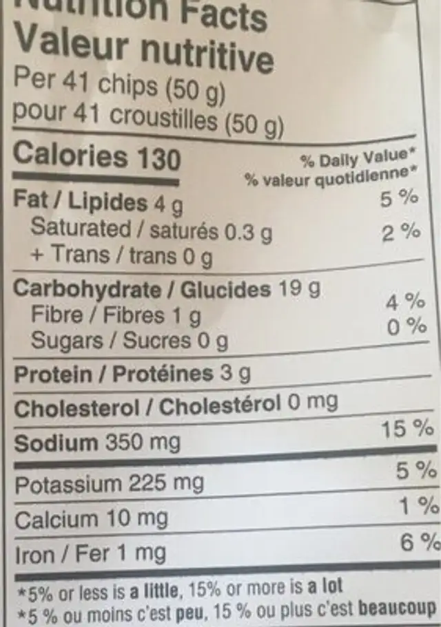 Chips de lentilles nutrition facts table