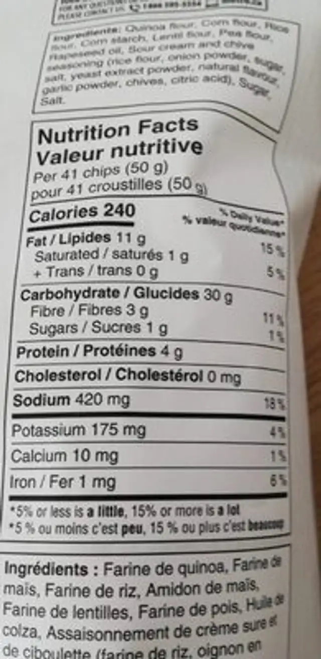 Croustilles de quinoa nutrition facts table