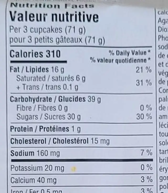 Mini cupcakes vanille nutrition facts table