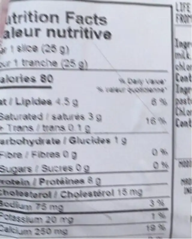 Swiss sliced cheese nutrition facts table