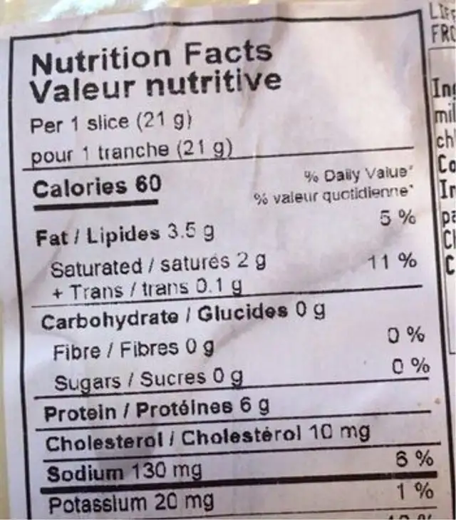 Mozzarella nutrition facts table