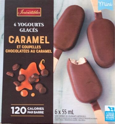 Yogourt glacé caramel et coupelles chocolatées au caramel front packaging
