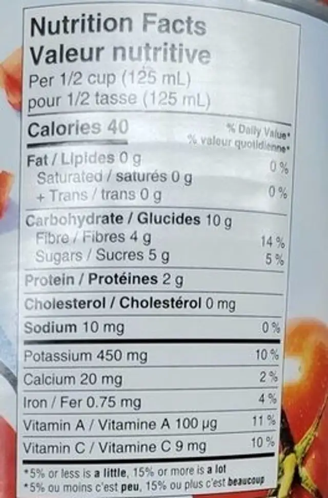 Tomates Broyées nutrition facts table