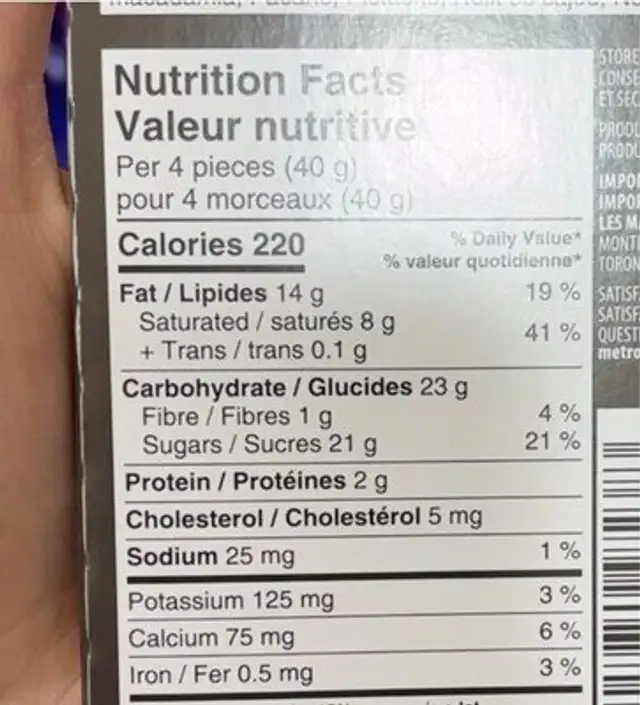 Chocolat au lait nutrition facts table