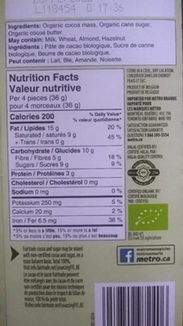 Chocolat noir Belge 72% nutrition facts table