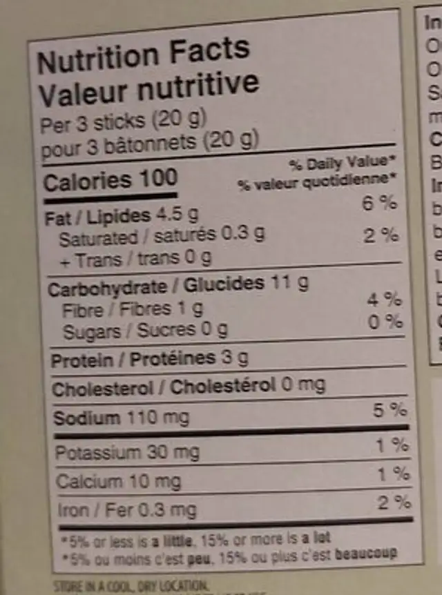 BÂTONNETS SÉSAME nutrition facts table
