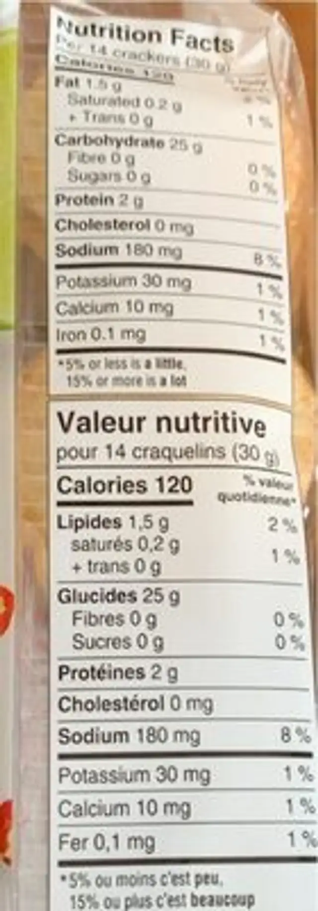 Craquelins de riz nutrition facts table