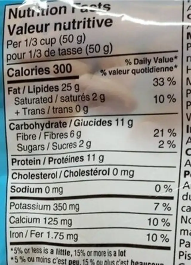 Amandes entières nutrition facts table