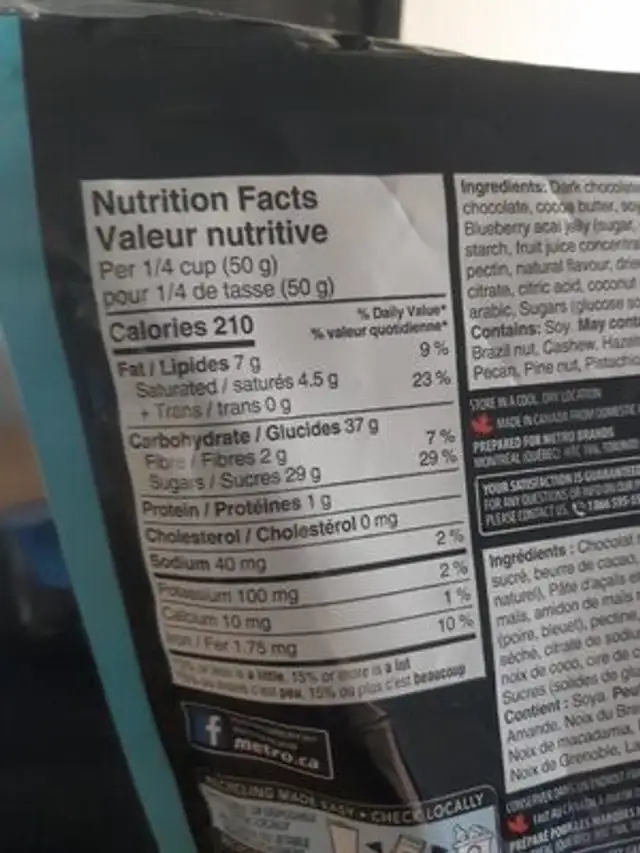 Pâtes de fruits bleuet açais enrobés de chocolat noir nutrition facts table