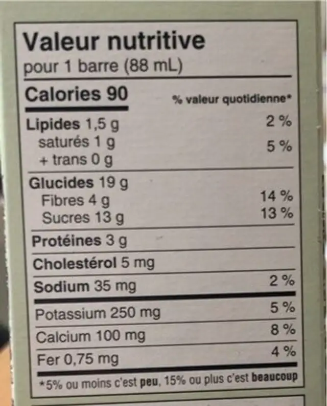Barre Fudge laitier nutrition facts table