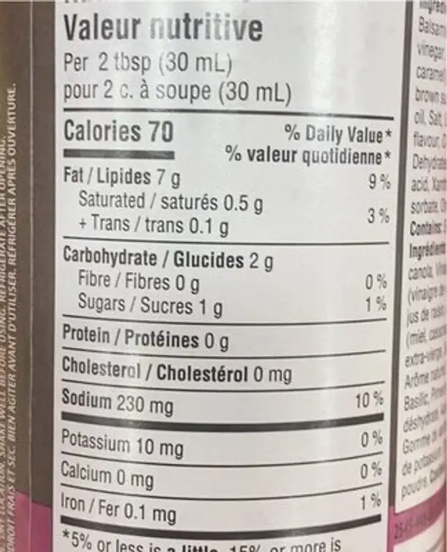 Vinaigrette Balsamique nutrition facts table